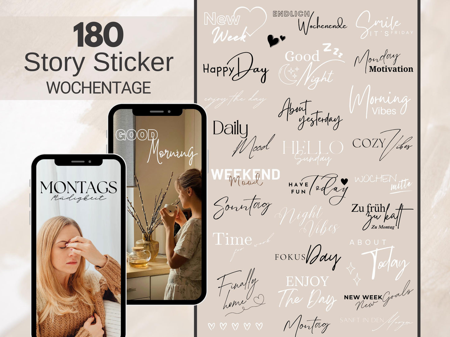 180 Instagram Story Sticker – Wochentage und Tagessprüche – Minimalistische Cliparts mit positiven Sprüchen für Alltag, Liebe, Familie