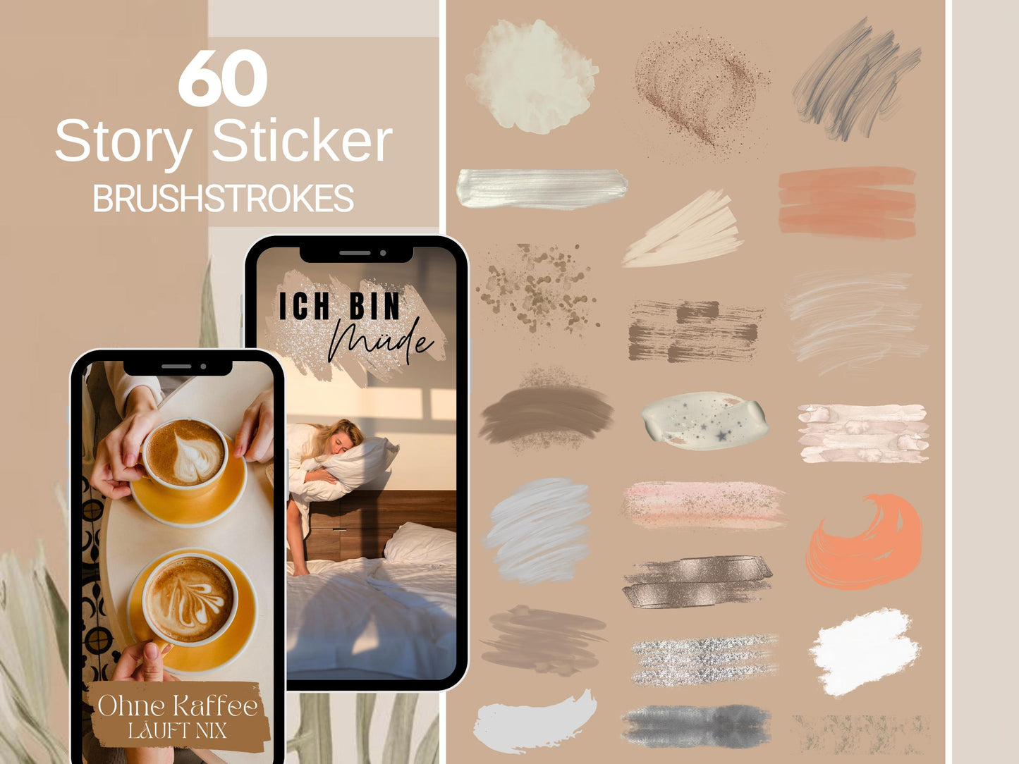 60 Neutral Instagram Story Sticker – Brushstroke PNG Clipart Set, Pinselstriche, Glitter Brush Strokes, Digital Planner Stickers Insta Story