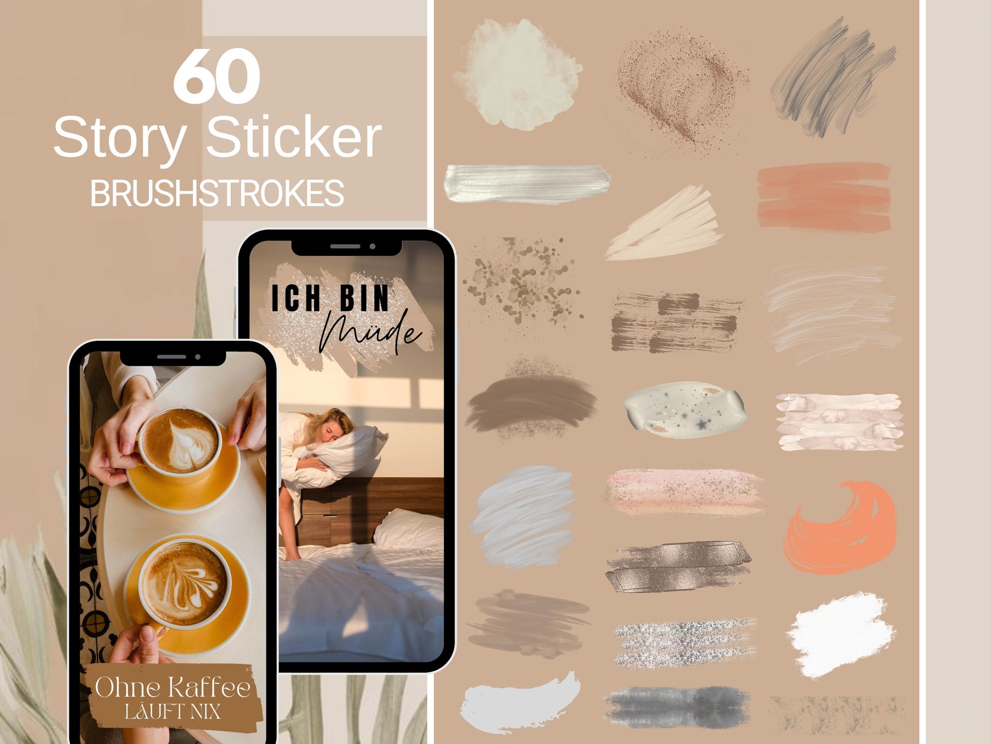 60 Neutral Instagram Story Sticker – Brushstroke PNG Clipart Set, Pinselstriche, Glitter Brush Strokes, Digital Planner Stickers Insta Story