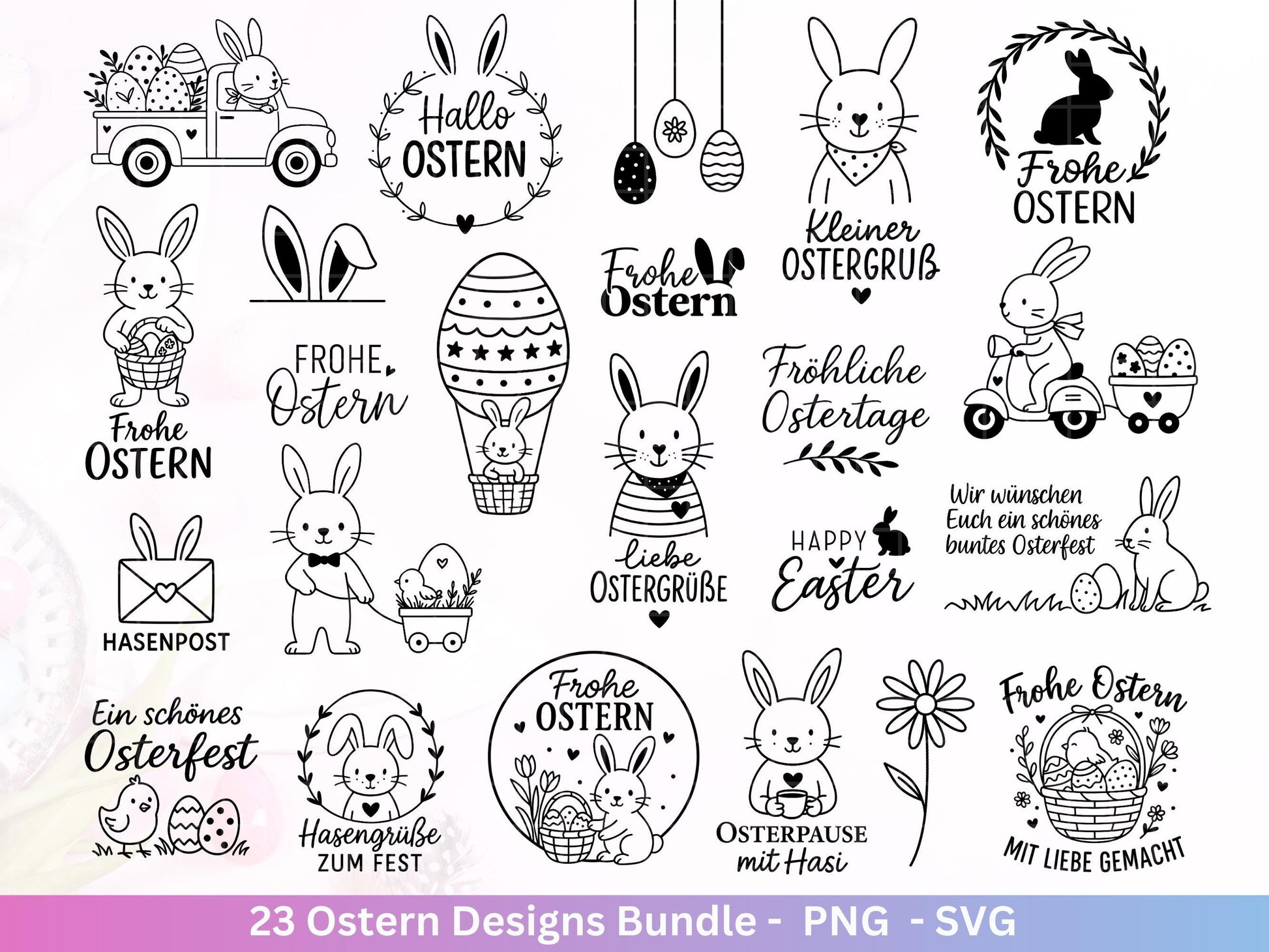 Deutsche Oster SVG Bundle – Frohe Ostern Sprüche & süße Hasen | Ostergrüße Plotterdatei | Cricut Silhouette Datei | Laserdatei Ostern