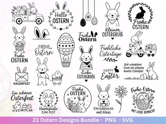 Deutsche Oster SVG Bundle – Frohe Ostern Sprüche & süße Hasen | Ostergrüße Plotterdatei | Cricut Silhouette Datei | Laserdatei Ostern