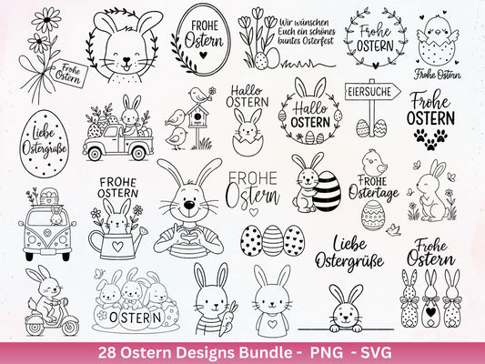 Ostern Plotterdatei Bundle – Süße Hasen Frohe Ostern Sprüche | Deutsche Oster SVG Designs | Ostergrüße Eiersuche Motive | Cricut Laserdatei