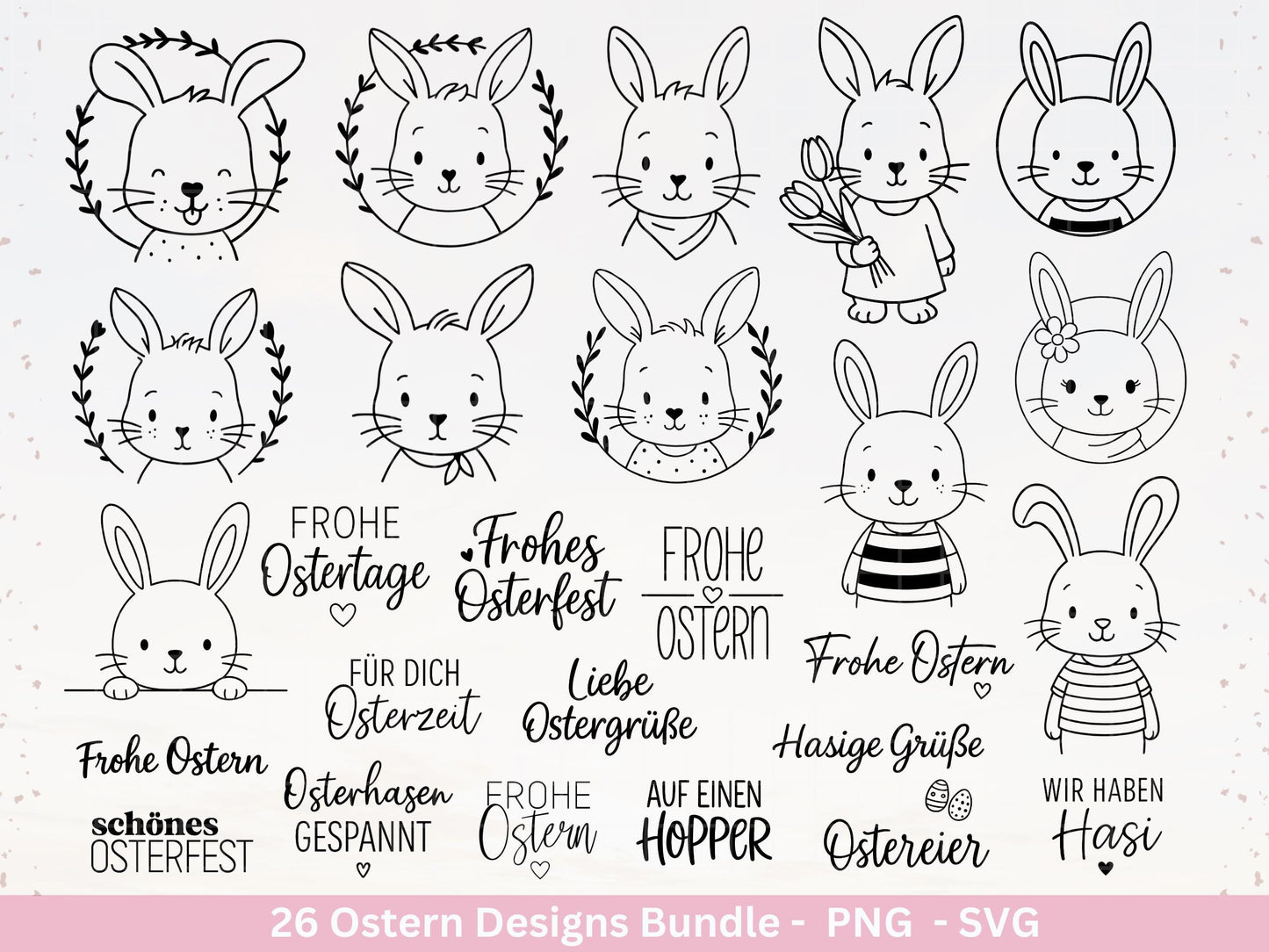 Ostern Plotterdatei Bundle – Süße Hasengesichter & Frohe Ostern Sprüche | Deutsche Oster SVG | Ostergrüße Motive | Cricut | Laserdatei Hase