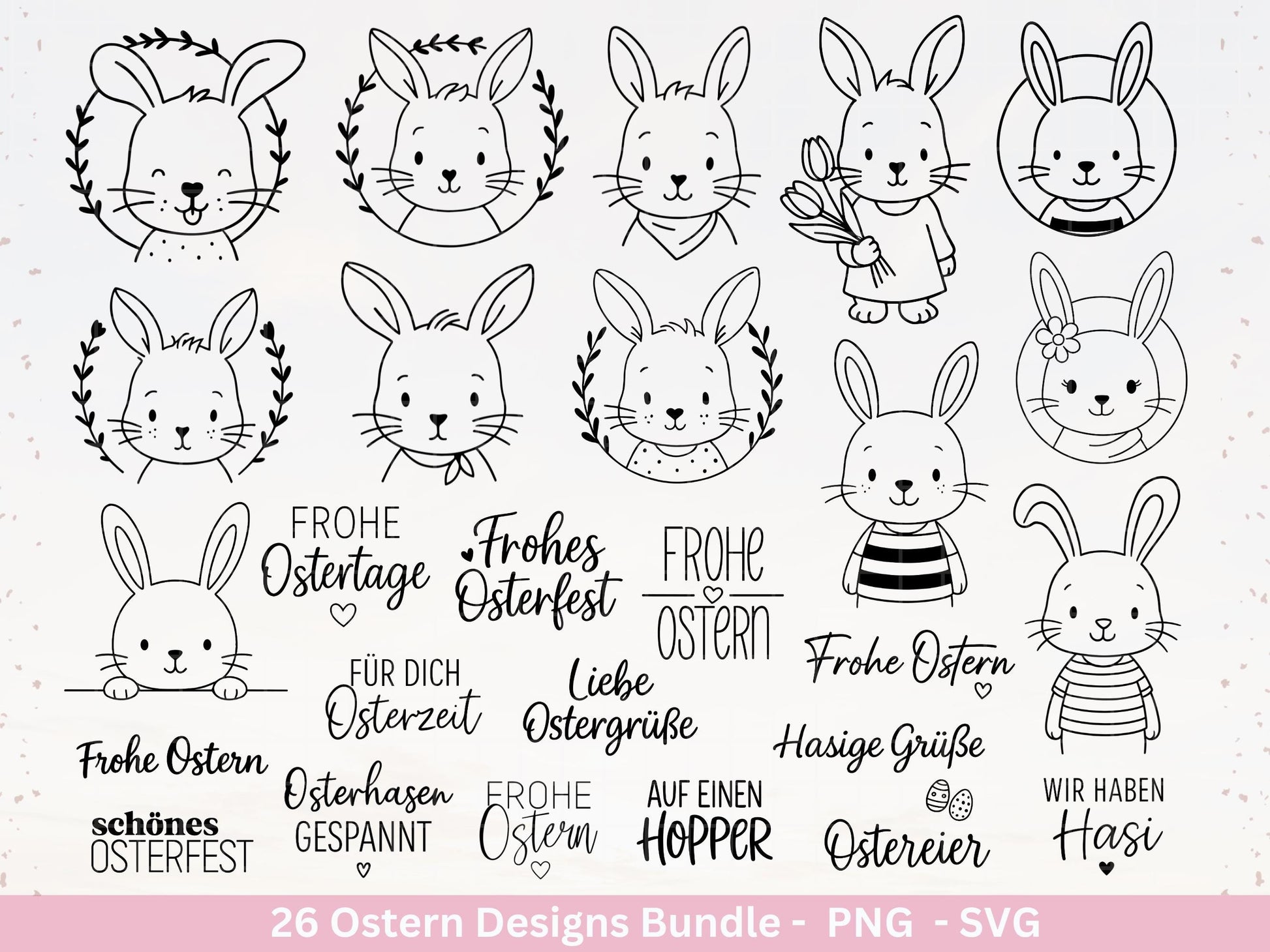 Ostern Plotterdatei Bundle – Süße Hasengesichter & Frohe Ostern Sprüche | Deutsche Oster SVG | Ostergrüße Motive | Cricut | Laserdatei Hase