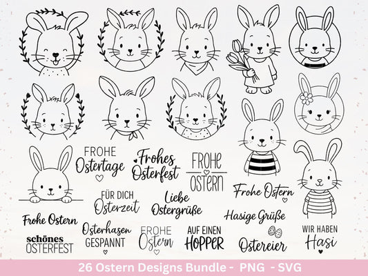 Ostern Plotterdatei Bundle – Süße Hasengesichter & Frohe Ostern Sprüche | Deutsche Oster SVG | Ostergrüße Motive | Cricut | Laserdatei Hase