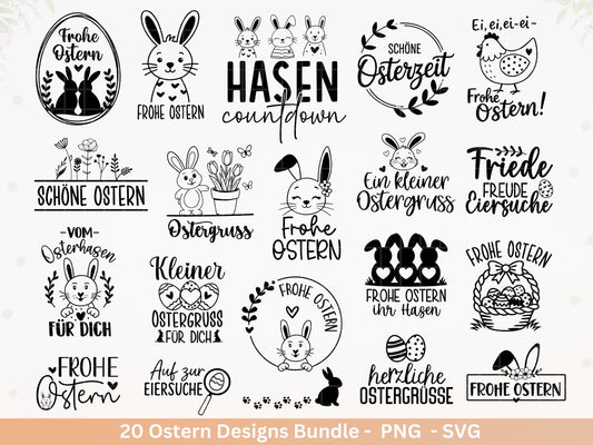 Ostern Plotterdatei Bundle – Deutsche Oster Sprüche Süße Hasen | Ostergruss Designs | Frohe Ostern SVG | Eiersuche Motive Cricut Laserdatei