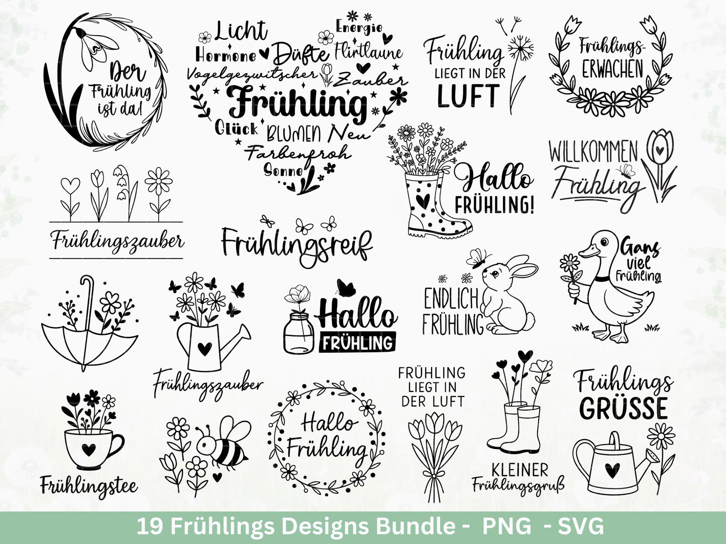 Frühling Plotterdatei Bundle – Hallo Frühling Sprüche Blumen Hase | Deutsche Frühling SVG Designs | Frühlingszauber Motive Cricut Laserdatei