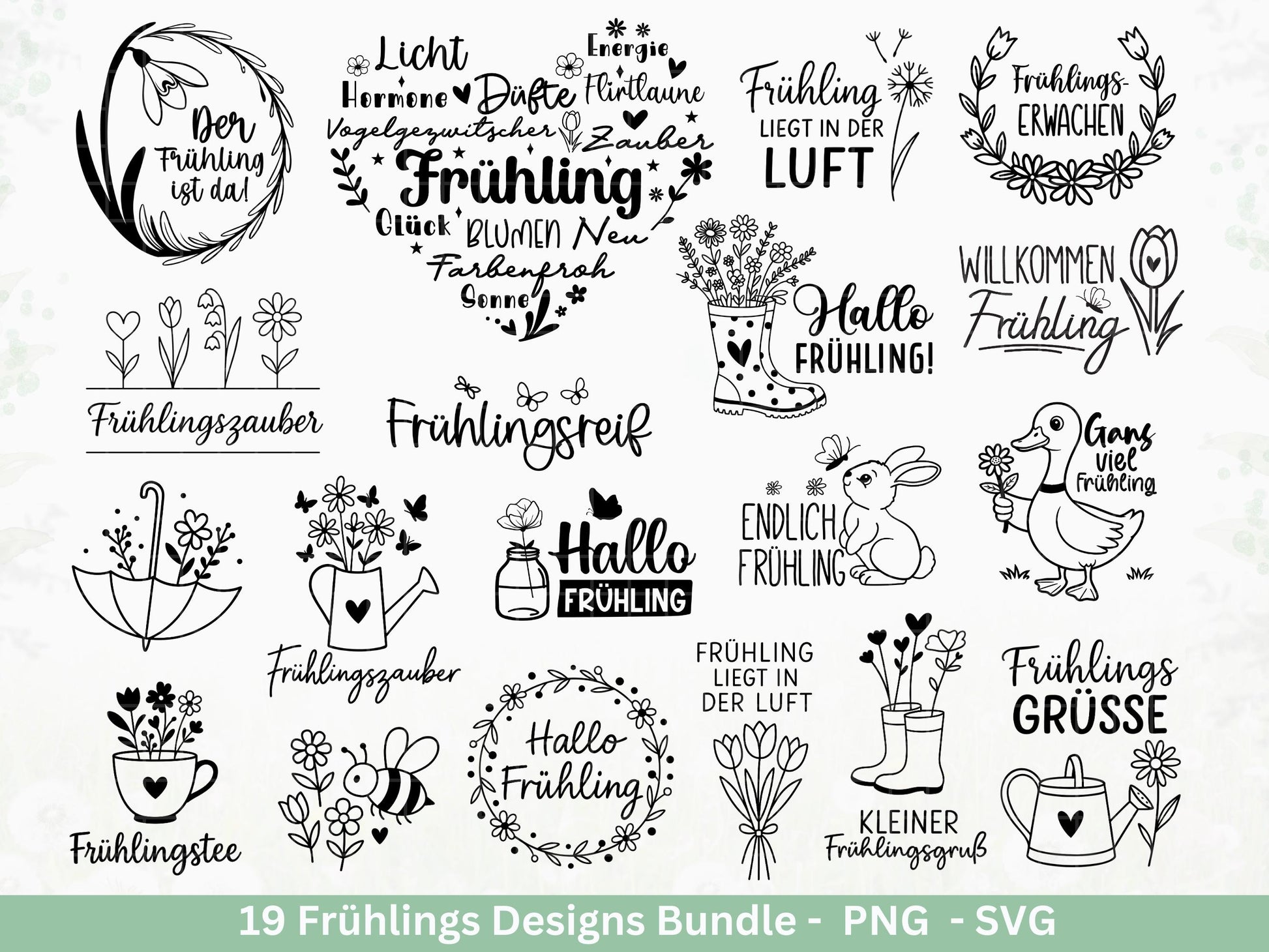 Frühling Plotterdatei Bundle – Hallo Frühling Sprüche Blumen Hase | Deutsche Frühling SVG Designs | Frühlingszauber Motive Cricut Laserdatei