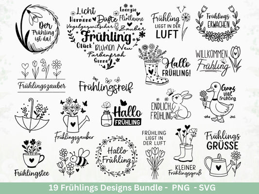 Frühling Plotterdatei Bundle – Hallo Frühling Sprüche Blumen Hase | Deutsche Frühling SVG Designs | Frühlingszauber Motive Cricut Laserdatei