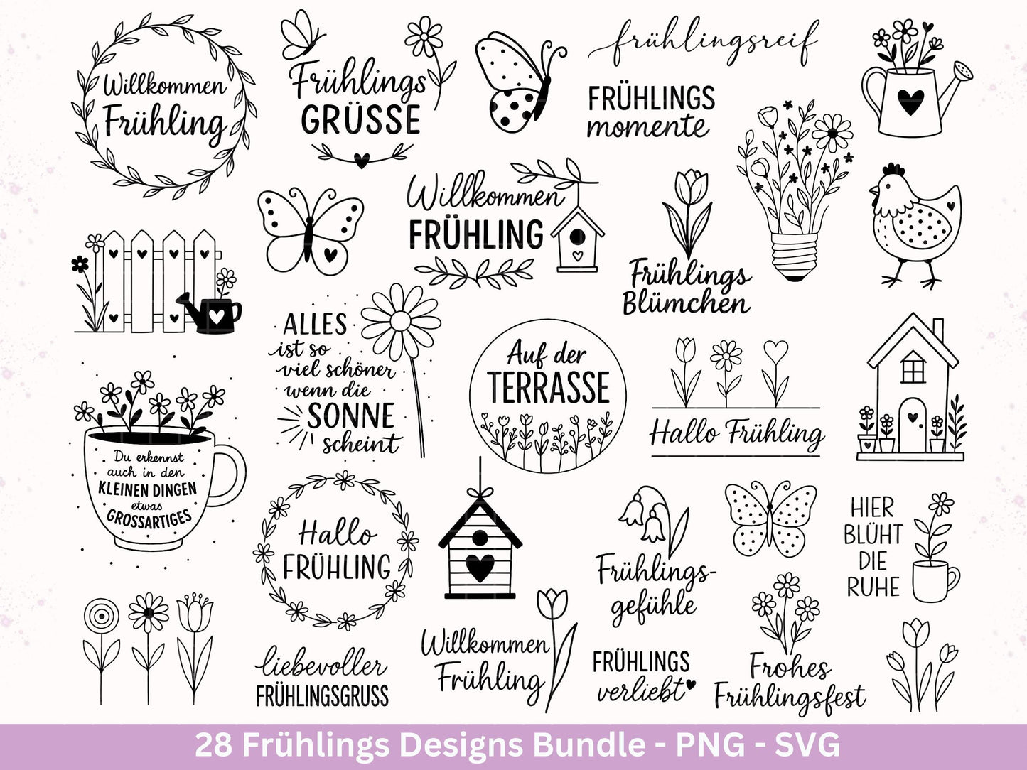 Frühling Plotterdatei Bundle – Willkommen Frühling Frühlingsgrüße | Frühling SVG Designs | Blumen Schmetterling Vogel | Cricut Laserdatei