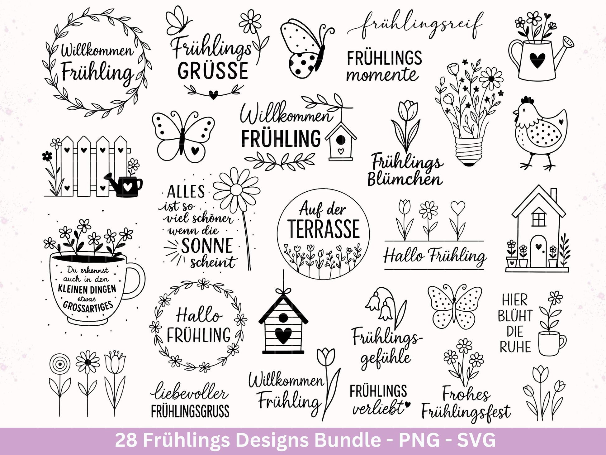 Frühling Plotterdatei Bundle – Willkommen Frühling Frühlingsgrüße | Frühling SVG Designs | Blumen Schmetterling Vogel | Cricut Laserdatei