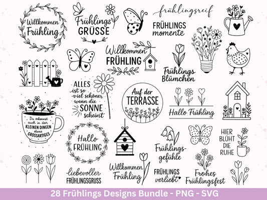 Frühling Plotterdatei Bundle – Willkommen Frühling Frühlingsgrüße | Frühling SVG Designs | Blumen Schmetterling Vogel | Cricut Laserdatei