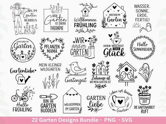 Garten Frühling Plotterdatei Bundle – Gartenliebe Sprüche & Motive | Deutsche Garten SVG Designs | Blumen Vogel Cricut Silhouette Laserdatei