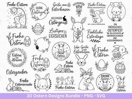 Ostern Plotterdatei Bundle – Frohe Ostern Sprüche & Hasen Designs | Deutsche Oster SVG Motive | Eiersuche Ostergrüße Cricut Laserdatei