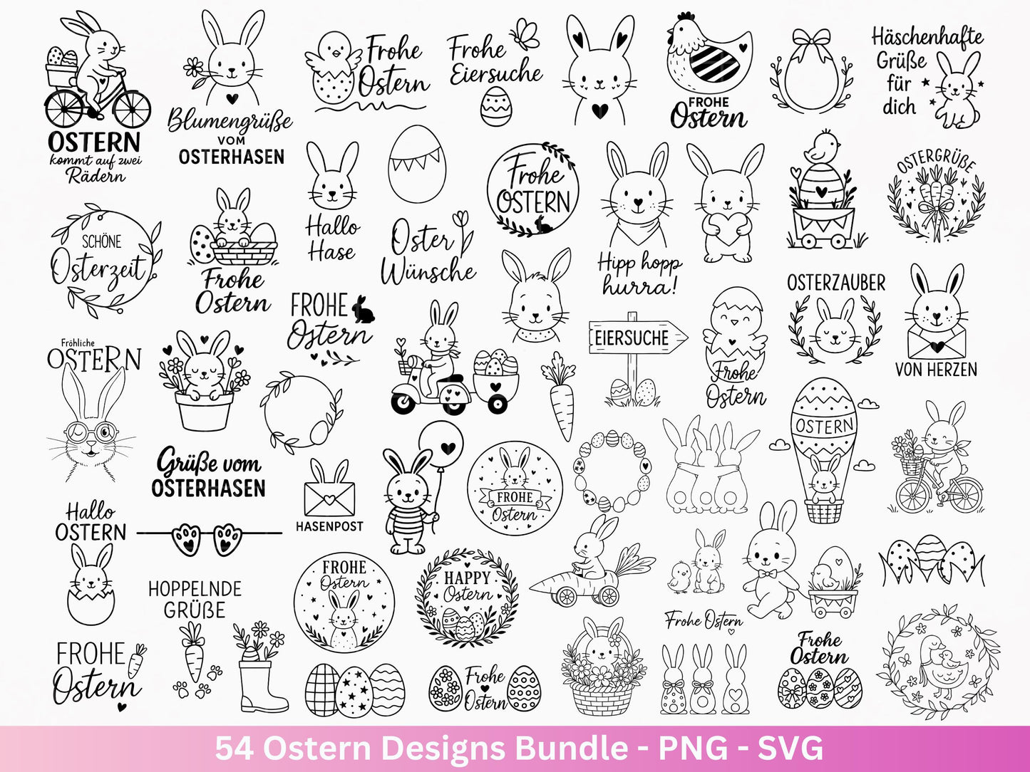 Ostern Plotterdatei Bundle – Niedliche Hasen & Oster Sprüche | Deutsche Oster SVG Motive | Eier Suche Frühling Cricut Laserdatei Mega Set