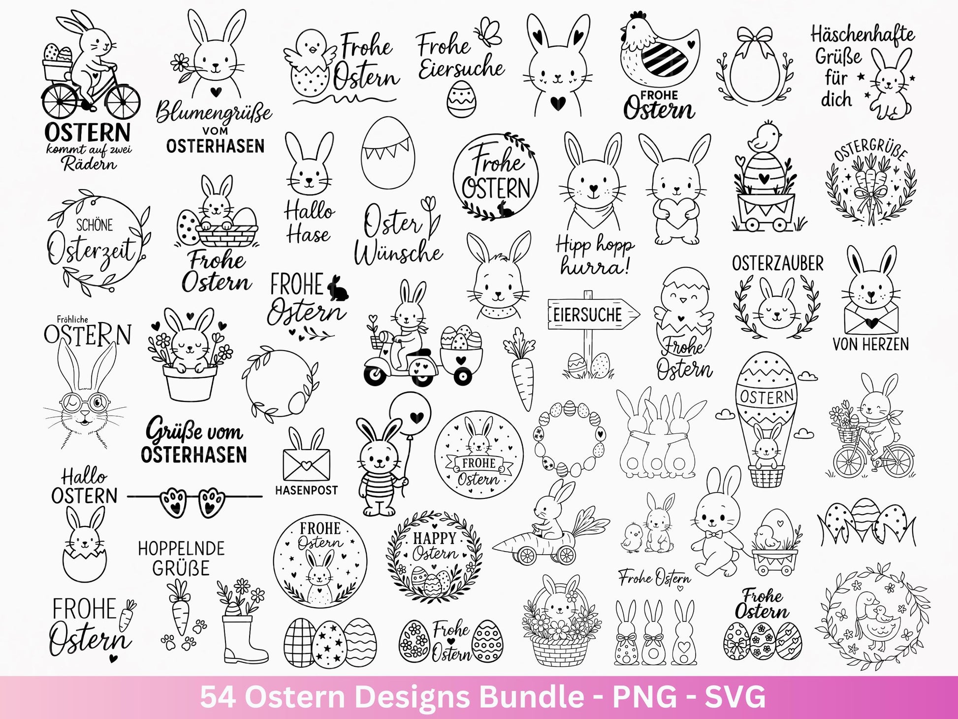 Ostern Plotterdatei Bundle – Niedliche Hasen & Oster Sprüche | Deutsche Oster SVG Motive | Eier Suche Frühling Cricut Laserdatei Mega Set