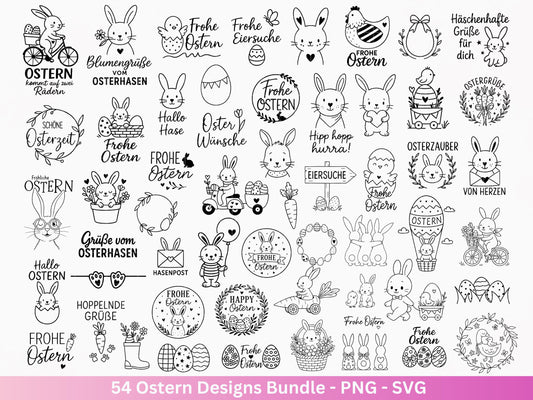 Ostern Plotterdatei Bundle – Niedliche Hasen & Oster Sprüche | Deutsche Oster SVG Motive | Eier Suche Frühling Cricut Laserdatei Mega Set