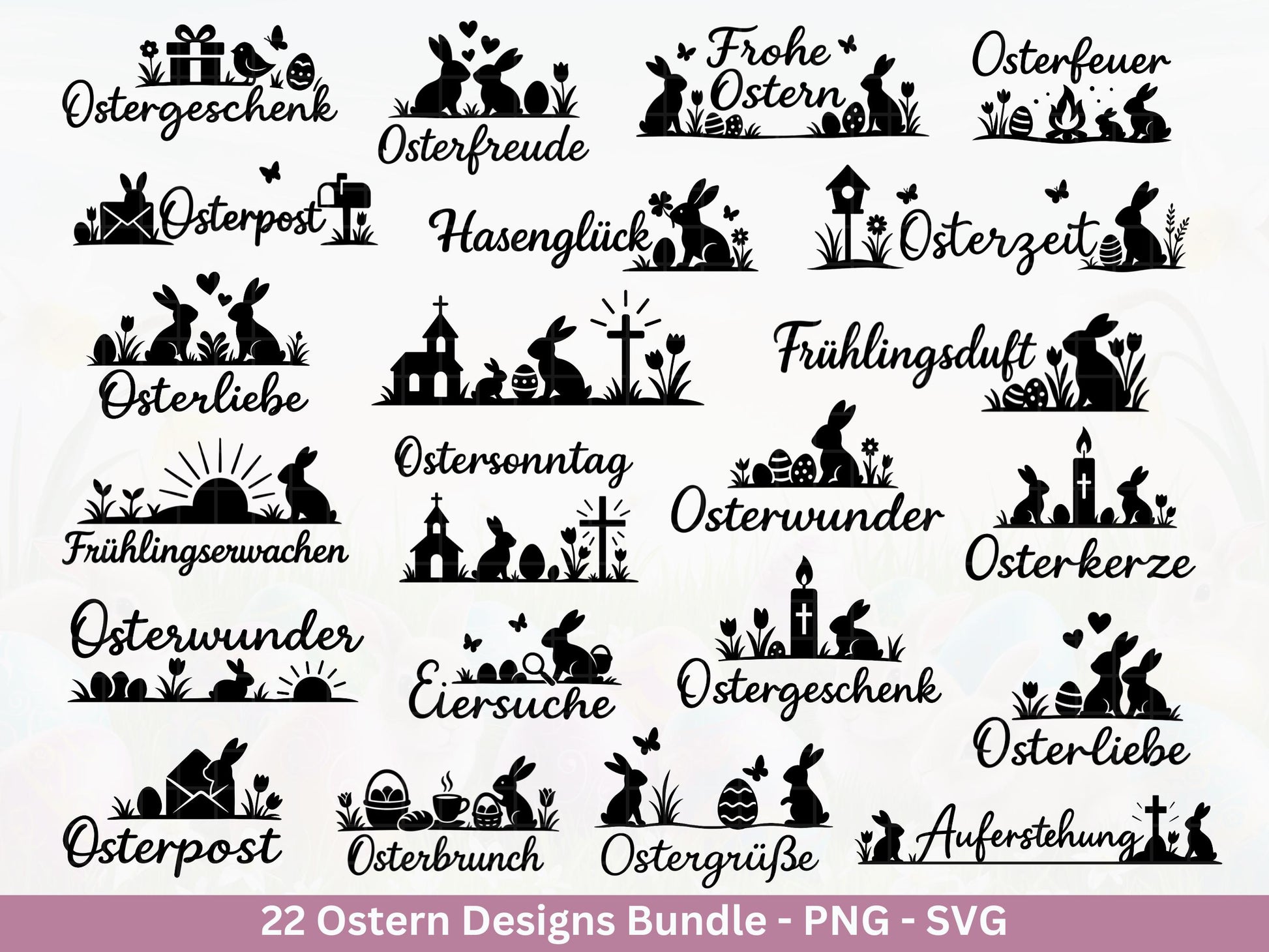 Ostern Plotterdatei Bundle – Silhouetten Hasen & Osterwörter | Deutsche Oster SVG Designs | Frühling Cricut Laserdatei Scherenschnitt Set