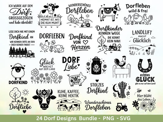 Dorfleben Plotterdatei Bundle – Dorfkind Sprüche & Bauernhof Motive | Landliebe SVG Designs | Traktor Tierliebe Cricut Silhouette Laserdatei