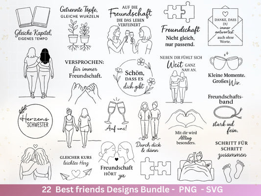 Freundschaft Plotterdatei Bundle – Herzverbunden Sprüche & Line Art Motive | Beste Freundin | Seelenschwester SVG | Geschenkidee Laserdatei