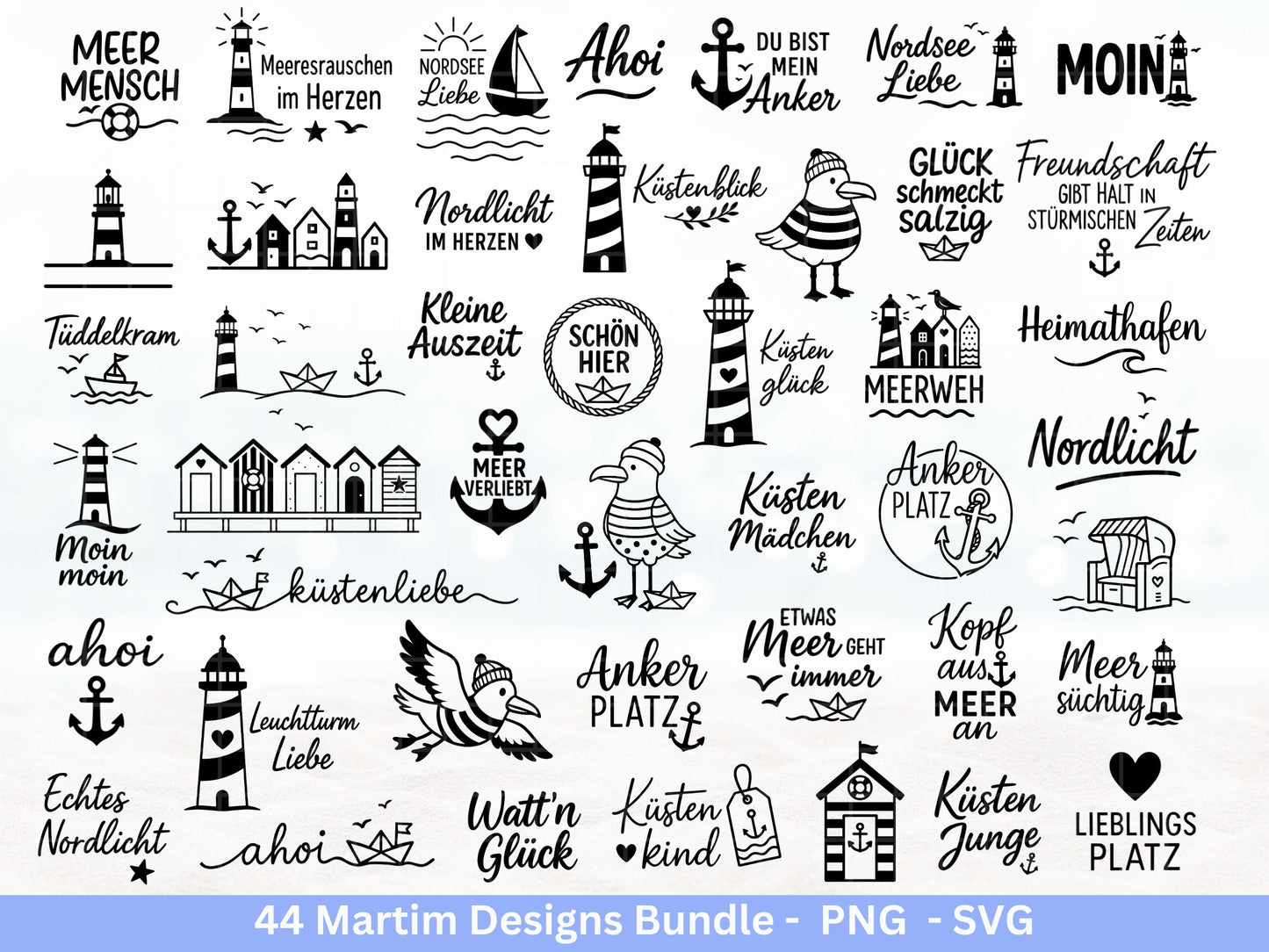 Maritim Plotterdatei Bundle – Küstenliebe Sprüche & Leuchtturm Motive | Moin Nordsee Ostsee SVG | Möwen Anker Meer | Cricut Laserdatei Holz