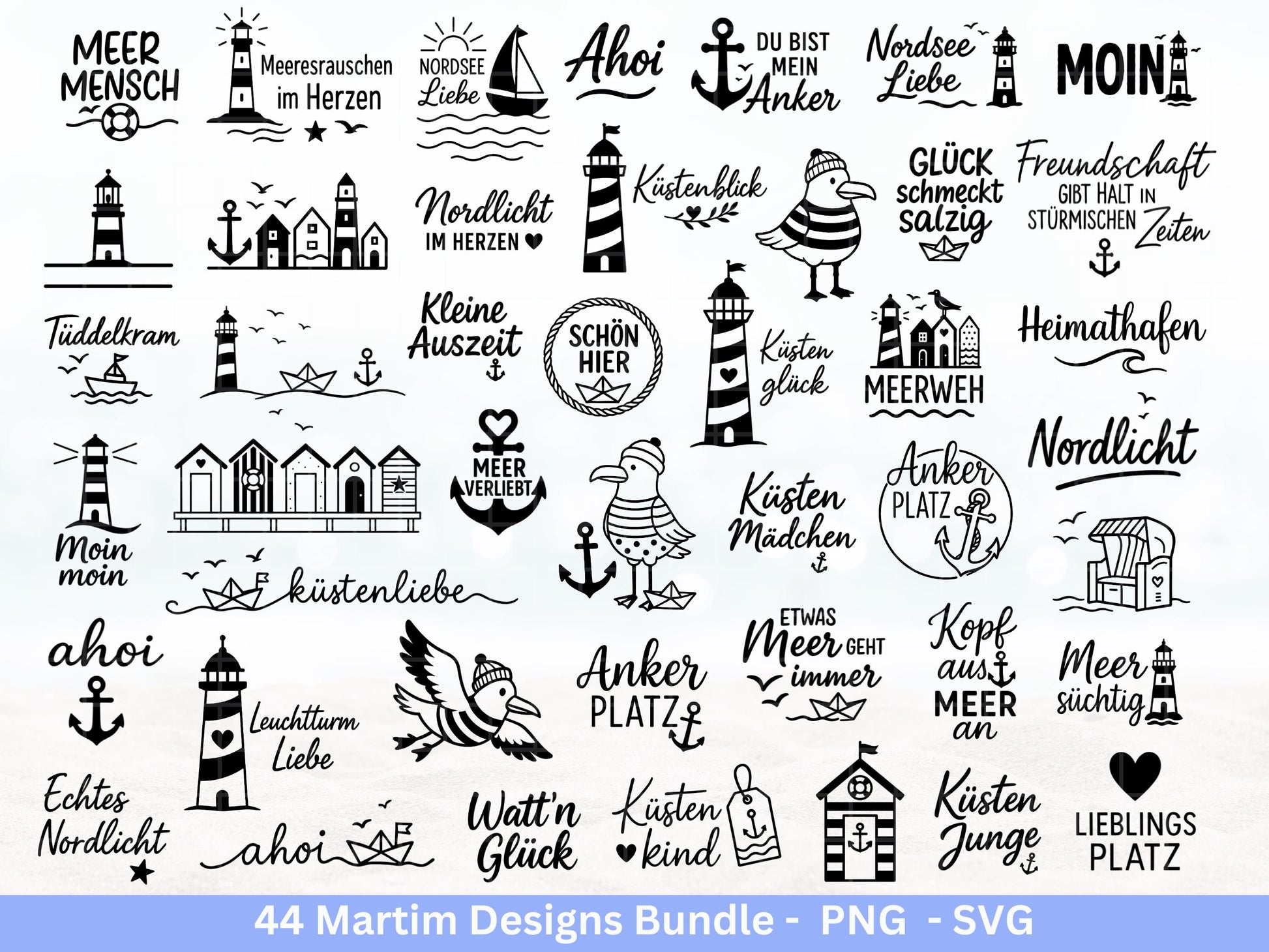 Maritim Plotterdatei Bundle – Küstenliebe Sprüche & Leuchtturm Motive | Moin Nordsee Ostsee SVG | Möwen Anker Meer | Cricut Laserdatei Holz