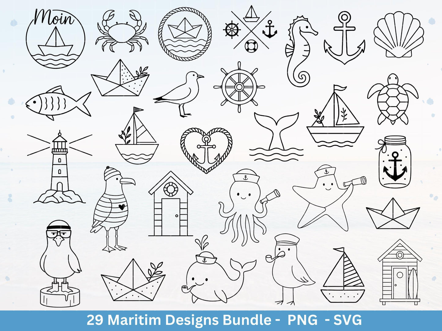 Maritim Plotterdatei Bundle – Küstenliebe & Moin Motive | Nordsee Ostsee SVG PNG | Leuchtturm, Boote, Möwen, Anker | Cricut Laserdatei