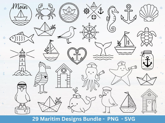 Maritim Plotterdatei Bundle – Küstenliebe & Moin Motive | Nordsee Ostsee SVG PNG | Leuchtturm, Boote, Möwen, Anker | Cricut Laserdatei