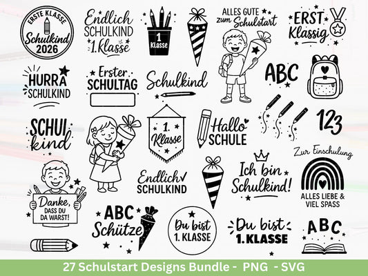 Einschulung Plotterdatei Bundle – Schulkind & Schulstart Sprüche | Deutsche Schule SVG | 1. Klasse Motive | Schulanfang Geschenk Laserdatei