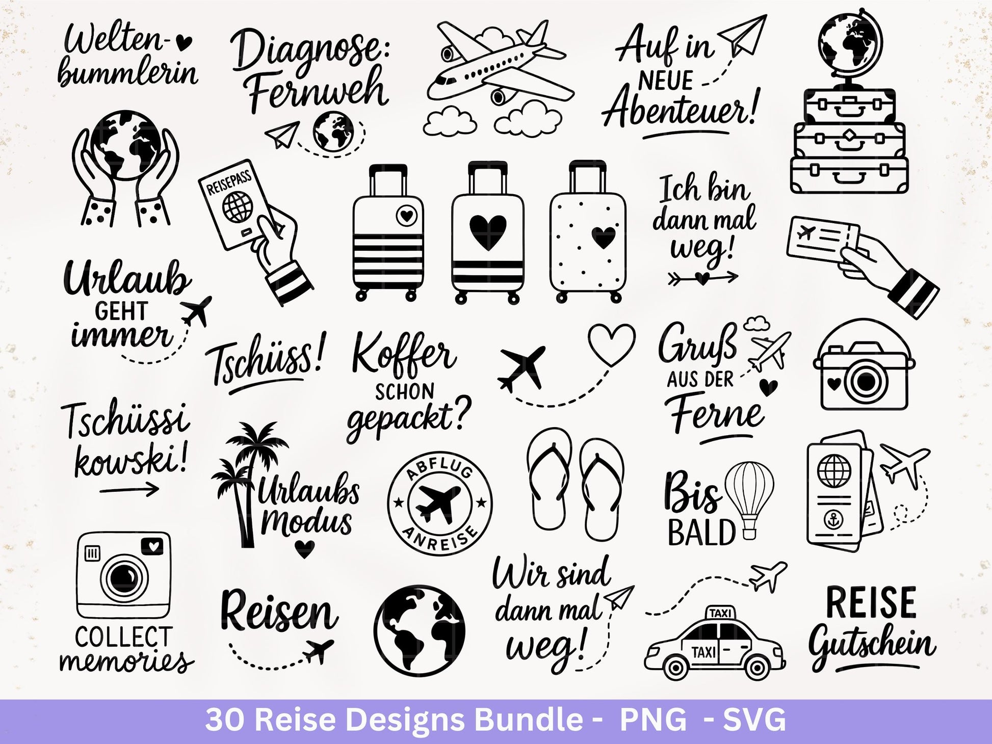 Reise Plotterdatei Bundle – Fernweh Sprüche & Koffer Motive | Urlaub Abenteuer SVG | Weltenbummler Reise | Flugzeug Sommer Cricut Laserdatei