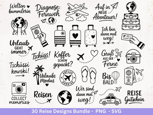 Reise Plotterdatei Bundle – Fernweh Sprüche & Koffer Motive | Urlaub Abenteuer SVG | Weltenbummler Reise | Flugzeug Sommer Cricut Laserdatei