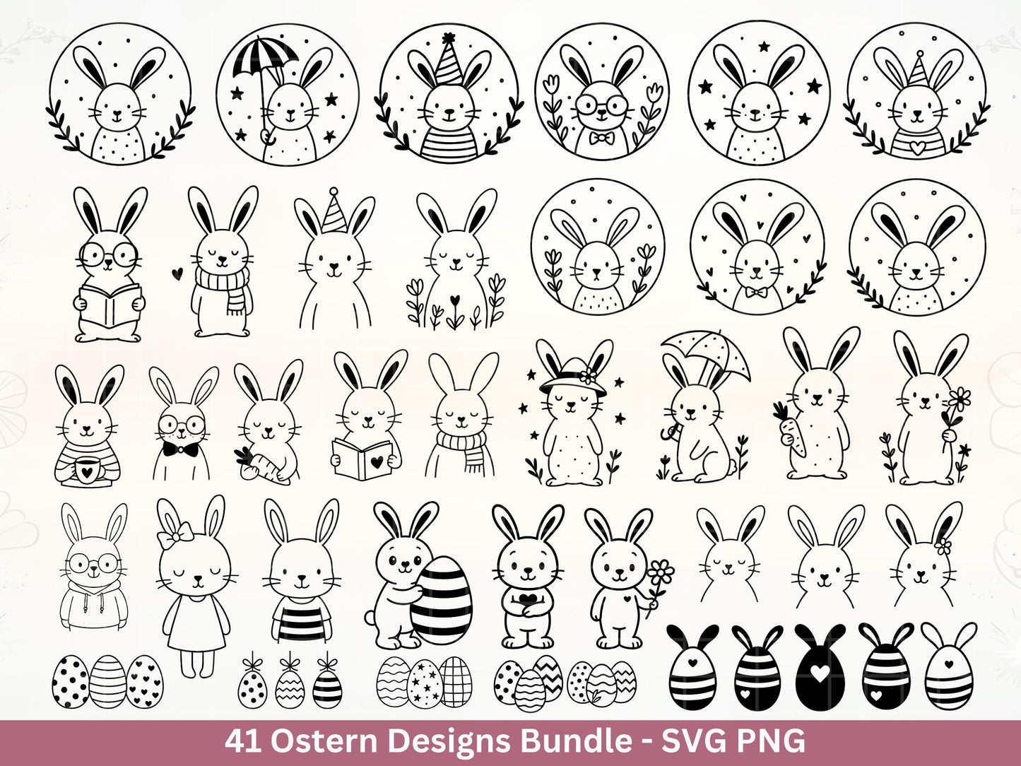 Ostern Plotterdatei Bundle – Süße Hasen & Oster Eier Designs | Deutsche Oster SVG Motive | Frühling Doodle | Cricut Silhouette Laserdatei