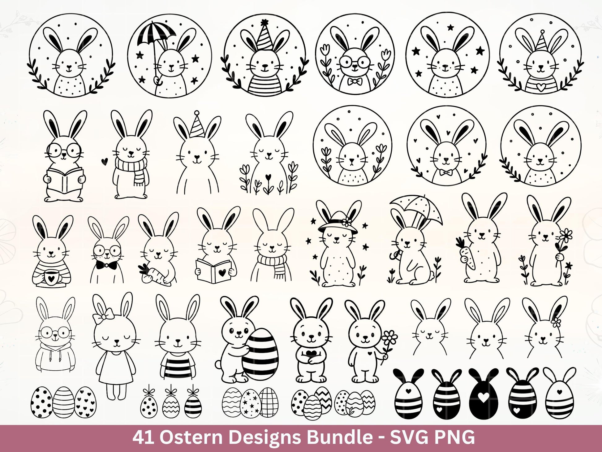 Ostern Plotterdatei Bundle – Süße Hasen & Oster Eier Designs | Deutsche Oster SVG Motive | Frühling Doodle | Cricut Silhouette Laserdatei