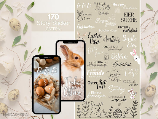 170 Instagram Story Sticker Ostern | Frühling Deutsch | Oster Sprüche, Hasen & Eier | Kalligrafie Story Set | Daily | Alltag | Sprüche Insta