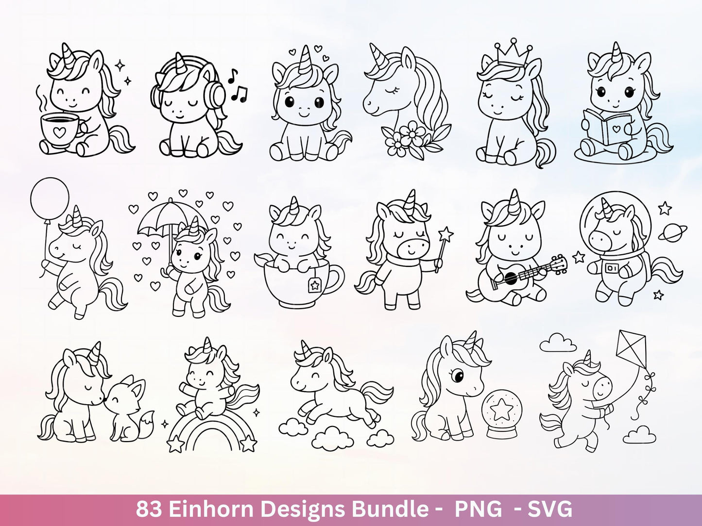 Einhorn Plotterdatei Bundle – Süße Einhorn Motive | SVG PNG | Kinder Design | Cricut & Silhouette Laserdatei | Clipart Geschenk Regenbogen