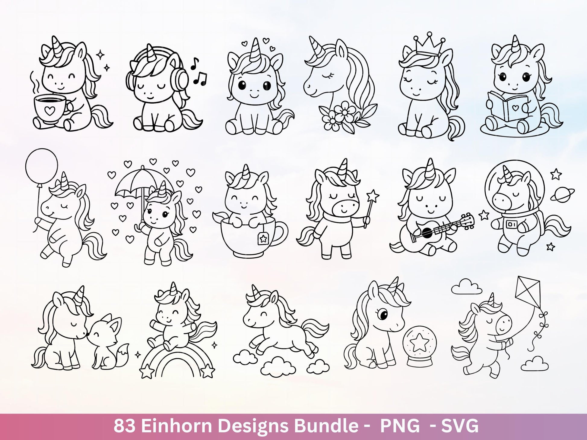 Einhorn Plotterdatei Bundle – Süße Einhorn Motive | SVG PNG | Kinder Design | Cricut & Silhouette Laserdatei | Clipart Geschenk Regenbogen
