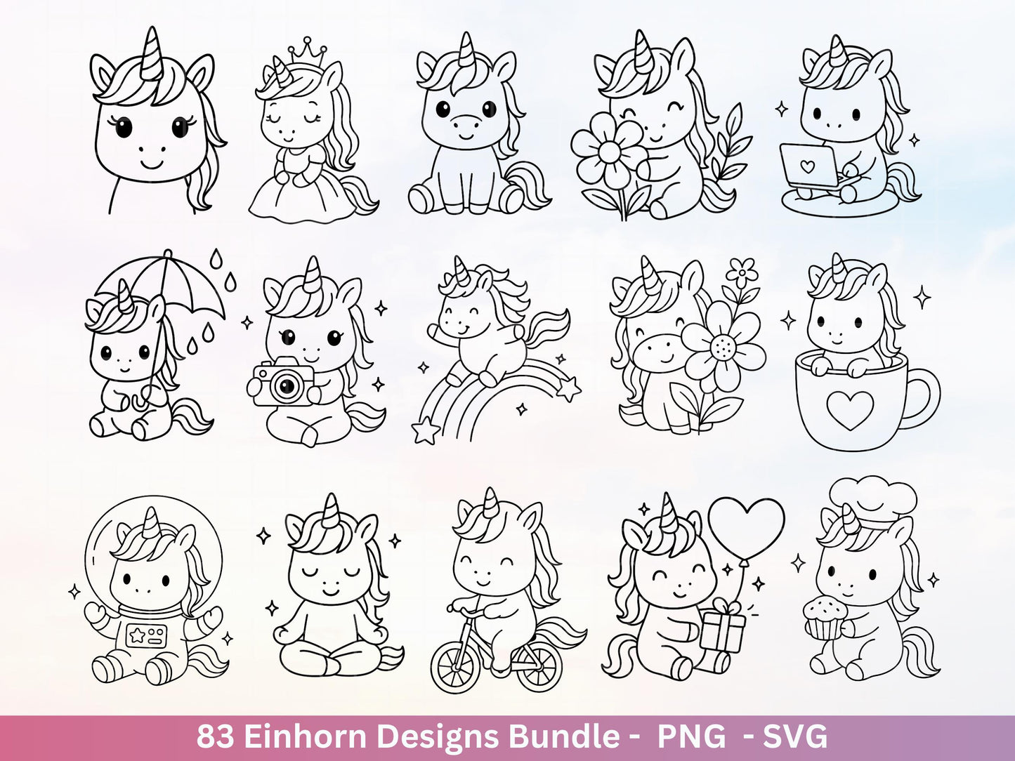 Einhorn Plotterdatei Bundle – Süße Einhorn Motive | SVG PNG | Kinder Design | Cricut & Silhouette Laserdatei | Clipart Geschenk Regenbogen