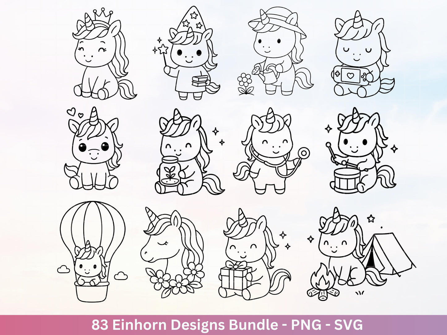 Einhorn Plotterdatei Bundle – Süße Einhorn Motive | SVG PNG | Kinder Design | Cricut & Silhouette Laserdatei | Clipart Geschenk Regenbogen