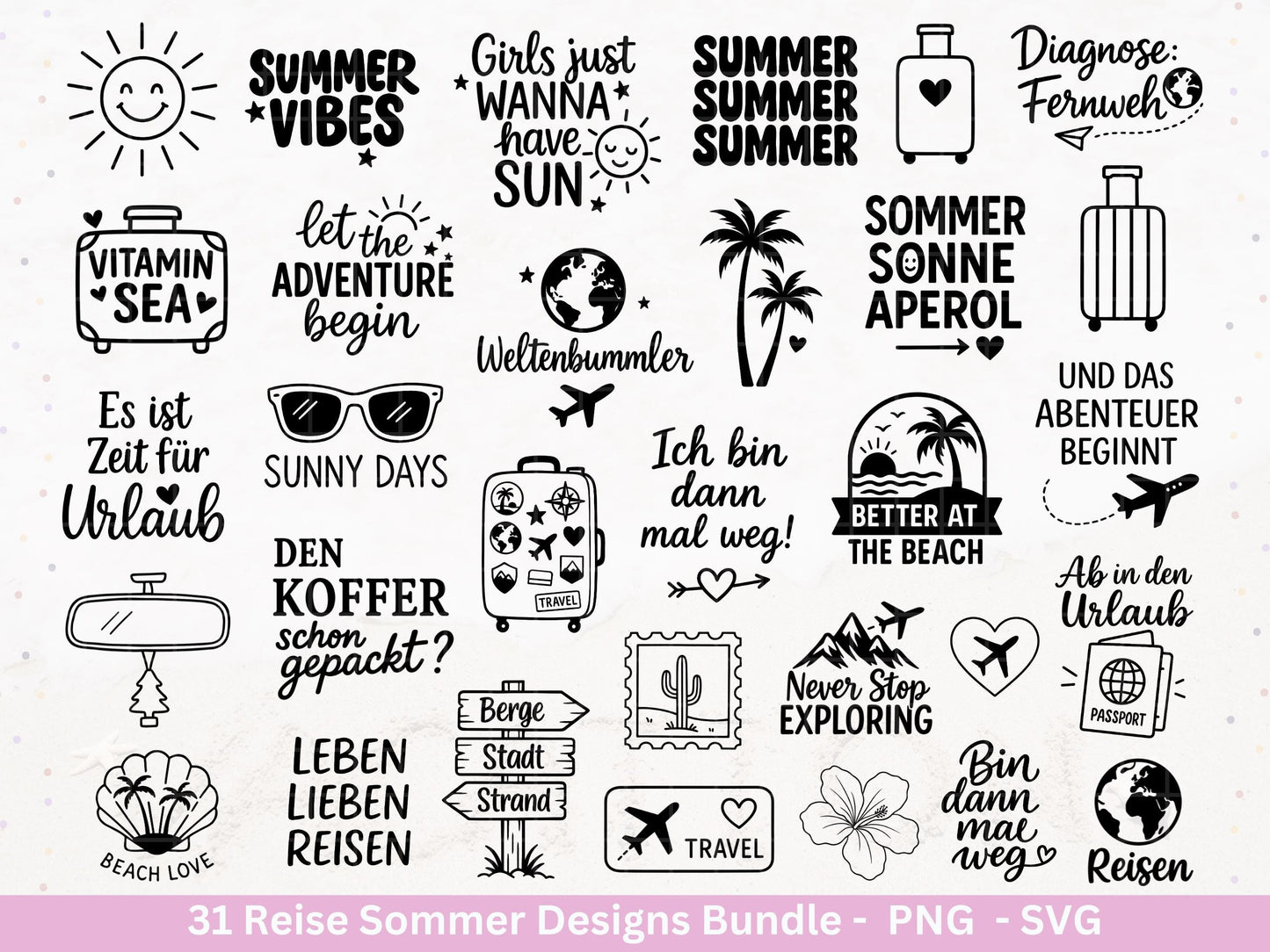 Reise Plotterdatei Bundle – Summer Vibes & Fernweh Sprüche | Urlaub Abenteuer SVG | Koffer Flugzeug Sommer | Weltenbummler Cricut Laserdatei