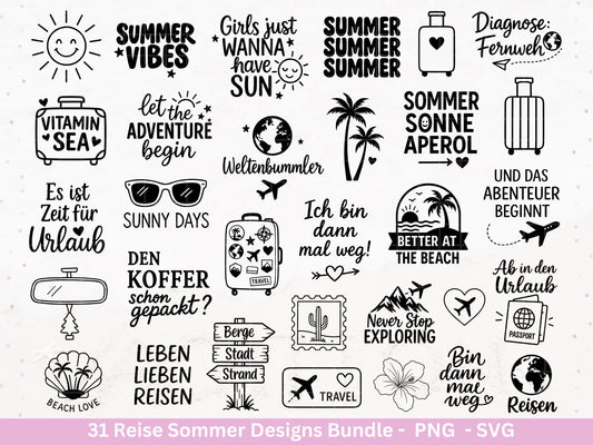 Reise Plotterdatei Bundle – Summer Vibes & Fernweh Sprüche | Urlaub Abenteuer SVG | Koffer Flugzeug Sommer | Weltenbummler Cricut Laserdatei