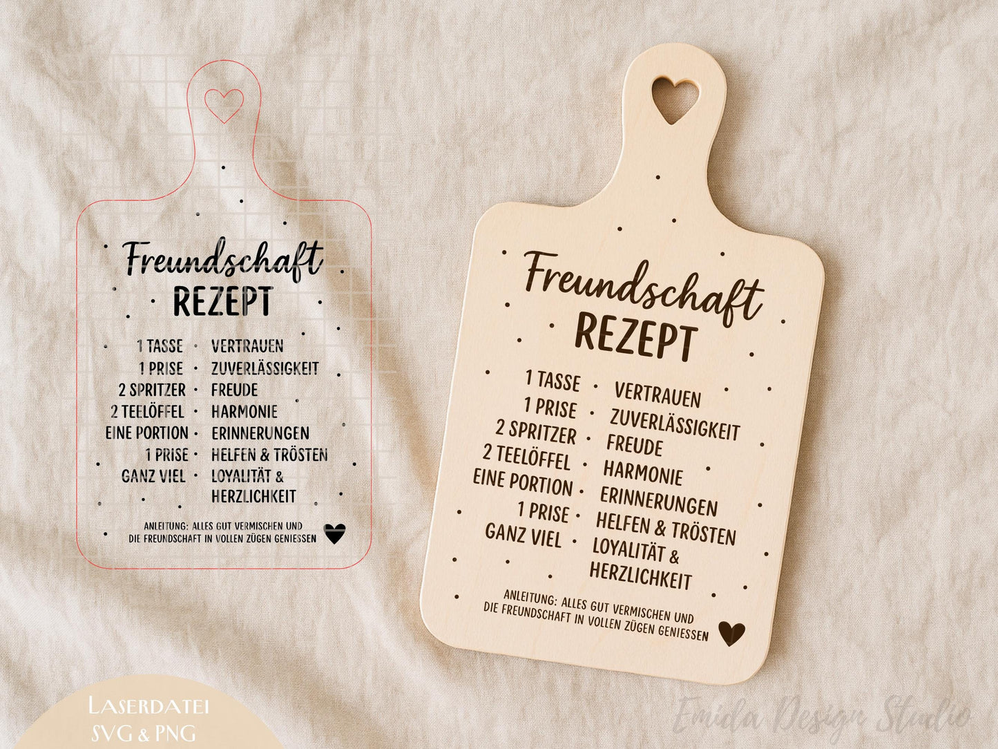 Freundschaft Rezept Laserdatei – Schneidebrett Gravur SVG PNG | Küchen Spruch Geschenkidee | Holz gravieren | Cricut Silhouette Plotterdatei