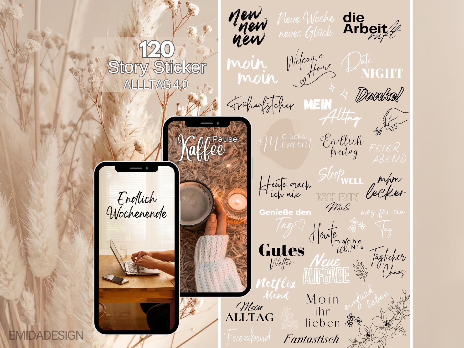 120 Instagram Story Sticker – Deutsch | Alltag | Kaffee | Humor | Home | Storysticker Daily | Basic | Kalligraphie | Guten Morgen | Sprüche