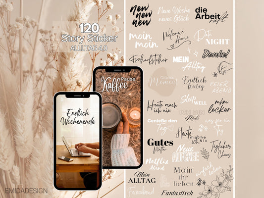 120 Instagram Story Sticker – Deutsch | Alltag | Kaffee | Humor | Home | Storysticker Daily | Basic | Kalligraphie | Guten Morgen | Sprüche