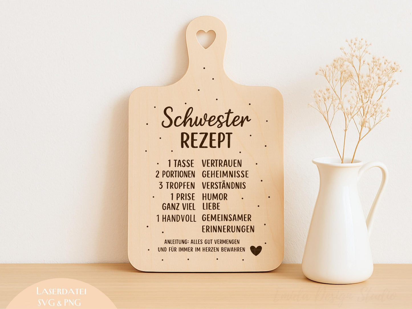 Schwester Rezept Laserdatei – Schneidebrett Gravur SVG PNG | Küchen Spruch Geschenkidee für Schwester | Holz gravieren | Cricut Plotterdatei