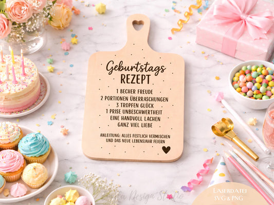 Geburtstag Rezept Laserdatei – Schneidebrett Gravur SVG | Küchenspruch Geschenkidee zum Geburtstag | Holz gravieren | Cricut Plotterdatei