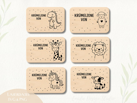 Kinder Frühstücksbrettchen Laserdatei – Krümelzone von… Tiere SVG PNG | Holz Gravur Datei Dino Einhorn Löwe Giraffe | Geschenkidee Kind