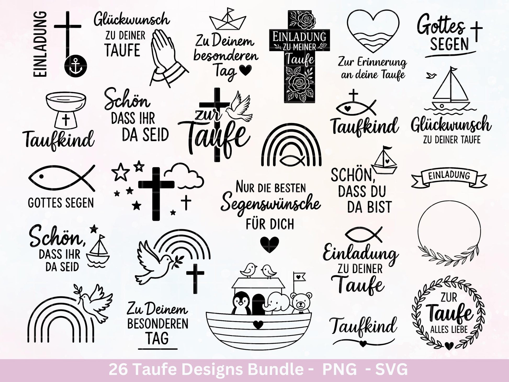 Taufe Plotterdatei Bundle – Einladung und Segenswünsche | Christliche Tauf SVG Designs | Taufkind Kreuz Regenbogen Boot | Cricut Laserdatei