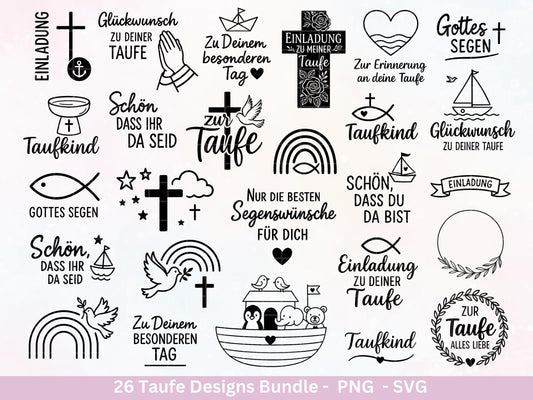 Taufe Plotterdatei Bundle – Einladung und Segenswünsche | Christliche Tauf SVG Designs | Taufkind Kreuz Regenbogen Boot | Cricut Laserdatei