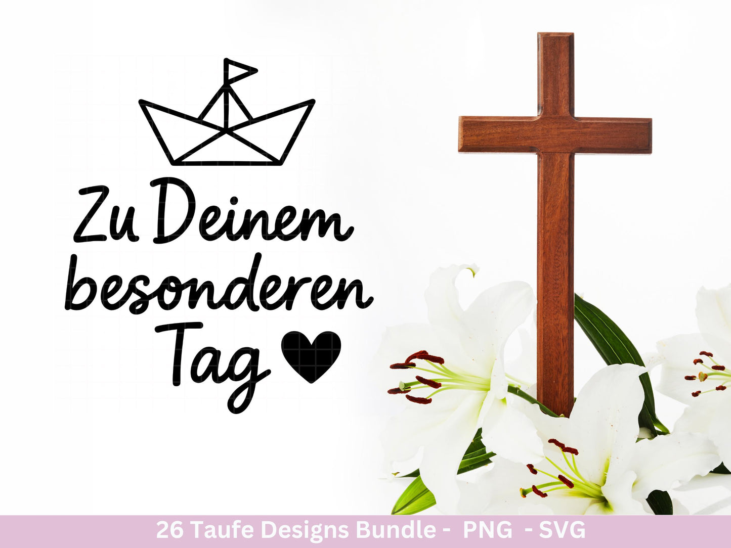 Taufe Plotterdatei Bundle – Einladung und Segenswünsche | Christliche Tauf SVG Designs | Taufkind Kreuz Regenbogen Boot | Cricut Laserdatei