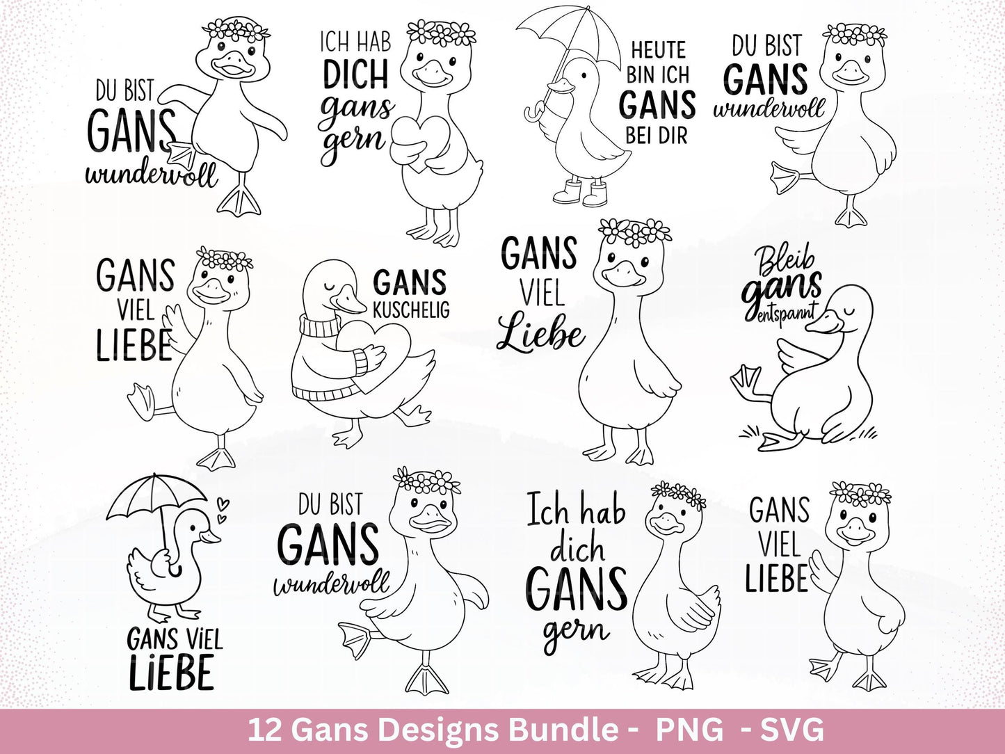 Gans Plotterdatei Bundle – Süße Gänse Motive & Wortspiele | Gans viel Liebe Sprüche SVG | Cricut Silhouette | Laserdatei Holzgravur